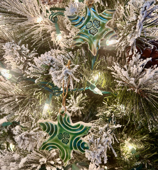 Green Patterned Snowflake Ornament Set